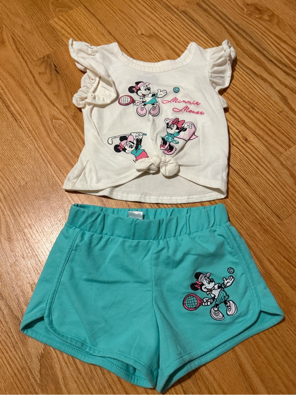 Disney Girls White Minnie Mouse Top and Teal Shorts Matching Set